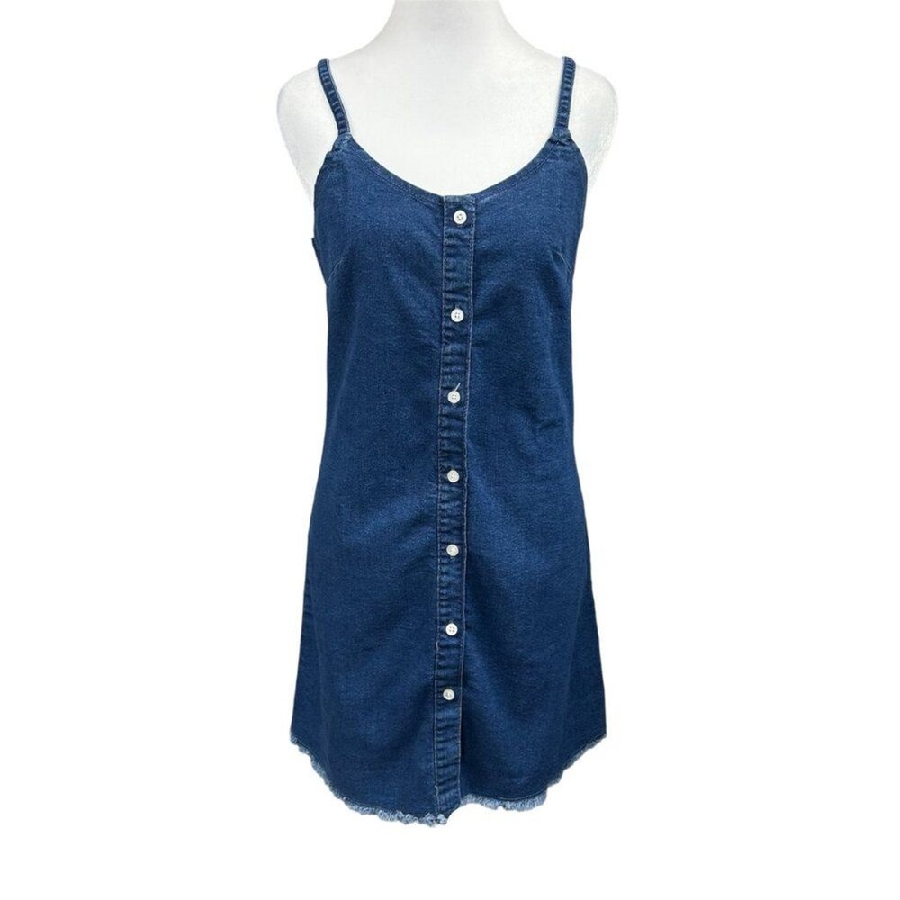 Denim Button Spaghetti Strap Mini Dress Sz Large