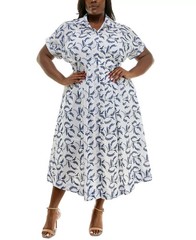 Taylor Plus Size Floral-Embroidered Button-Front Dress white/blue Size 18W