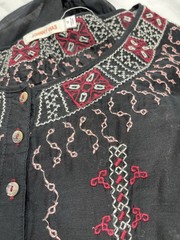 JOHNNY WAS Medium Ava Black Peasant Dress Embroidered Cotton Silk Sheer Lightwt