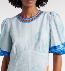 Alemais 2026 Linen Blue Ocean Print Short Sleeve Midi Dress New Summer