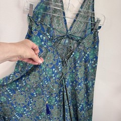 Sara Vintage Art of India Boho Halter Maxi Dress Open Back Tassel Tie