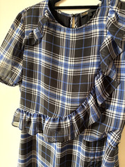 Maje Side-Ruched Plaid Tartan Blue and Navy Long Dress Ruffle UK size 10