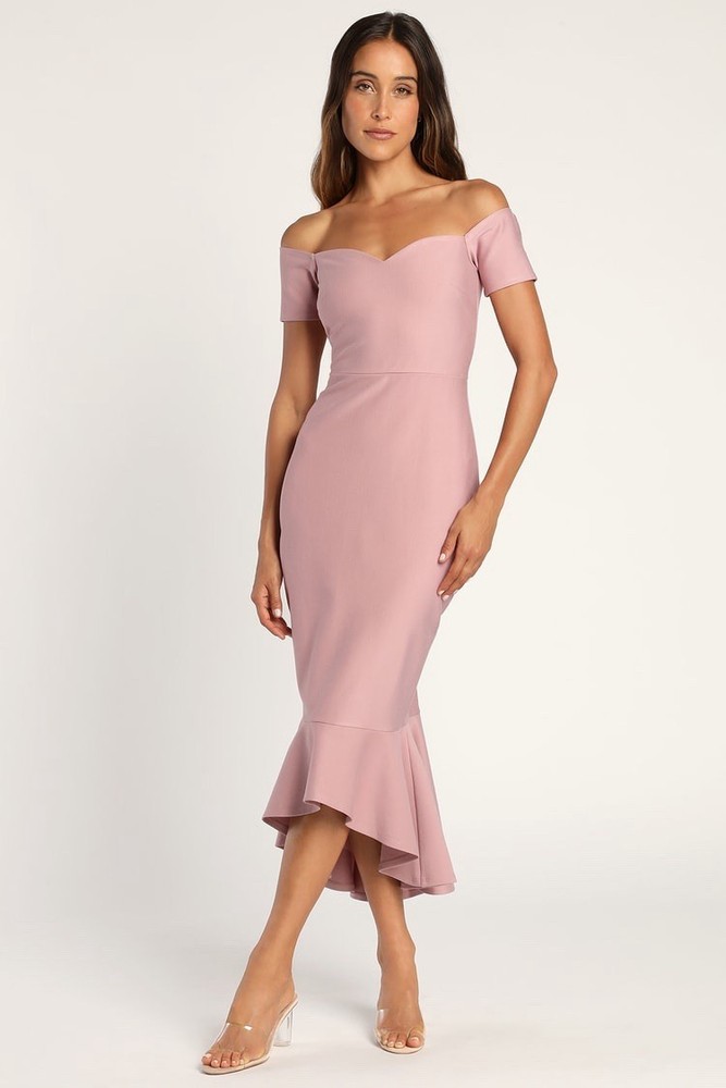 Lulus Dress M Pink How Much I Care Midi Trumpet Mermaid Romantic Feminine Classy