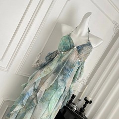 2025 Halter Neck Ruffled Maxi Dress Blue Green Floral Bohemian Beach Party Dress