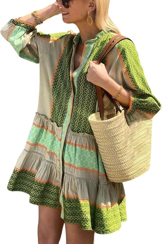 Women 3/4 Sleeve Green Floral Boho Tunic Shirt Dress Summer Casual Short Dress