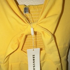 ECOWISH Yellow Solid V-Neck Spaghetti Strap Button Front Tie Knee Dress S