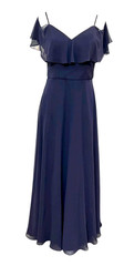 Morilee Madeline Gardner Navy Blue Chiffon Cold Shoulder Ruffle Long Formal Sz10