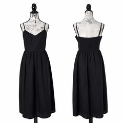 H&M Linen Blend Midi Dress Womens 6 Black Smocked Back Adjustable Straps