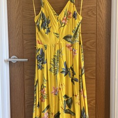 Warehouse Dress Yellow Tropical Floral 16 Ruffle Side Tie Adjustable 100%Viscose