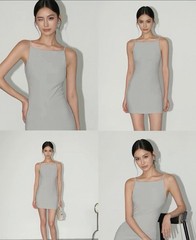 Gray Solid Knit Mini Dress Square Neck Sleeveless Stretch Regular Size M