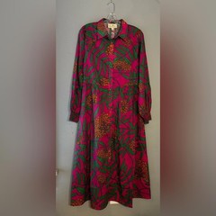 Flora Bea NYC Tinsley Pink Green Tropical Print Midi Shirtdress Size Medium
