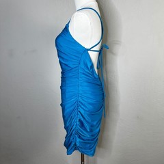 Lulus Ruched Bodycon Spaghetti Strap Mini Dress Bright Blue Open Tie Back Size L