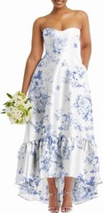 New Alfred Sung Strapless Floral Ruffle High-Low Gown In Cottage Rose-Larkspur 6