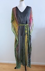 Echo Sheer Chiffon Kaftan Maxi Dress Multicolor Abstract Print Belt Resort Boho