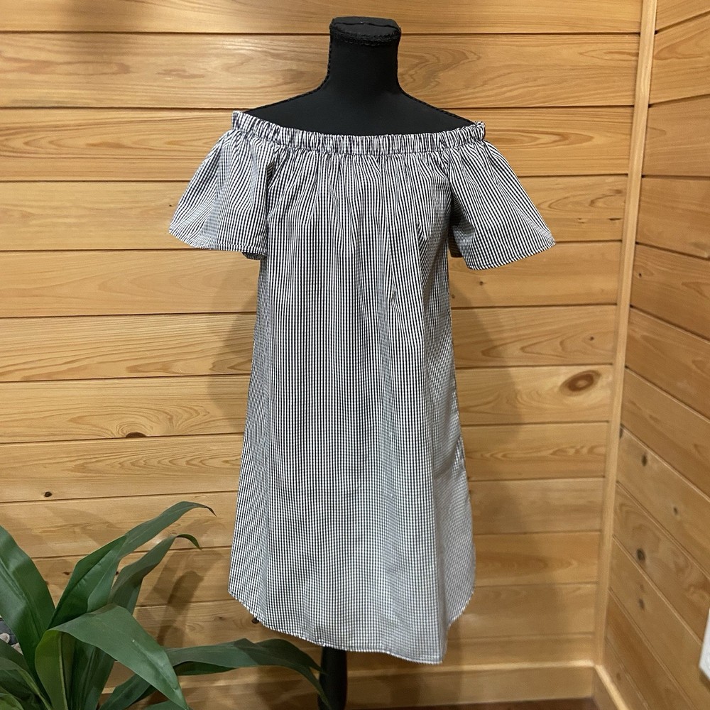 C c Crescent Black/White Gingham Off Shoulder Ruffle Shift Knee Dress Cotton M