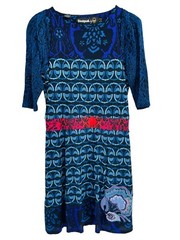 Desigual Women&rsquo;s Dress Blue Geometric Embriodered Floral Boat Neck Lined Size L