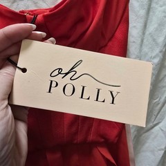 NWT OH POLLY Scarlet Red Ruffle High Slit Corset Maxi Dress US 4
