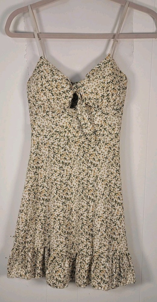 Floral Sundress Womens Small White Yellow Green Ruffle Hem Mini Summer Beach Y2k