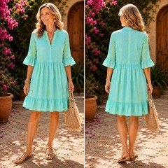 Soft Surroundings Marbella Dress Medium Blue Green Tie Dye Cotton Boho Dress