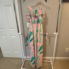 Lilly Pulitzer Pink Tropical Leaf Print Ruffle Maxi Dress Women&rsquo;s Small