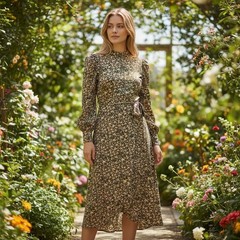 LUSH Sheath Dress Womens Medium Olive Ditsy Floral Boho Tie Waist Long Sleeve