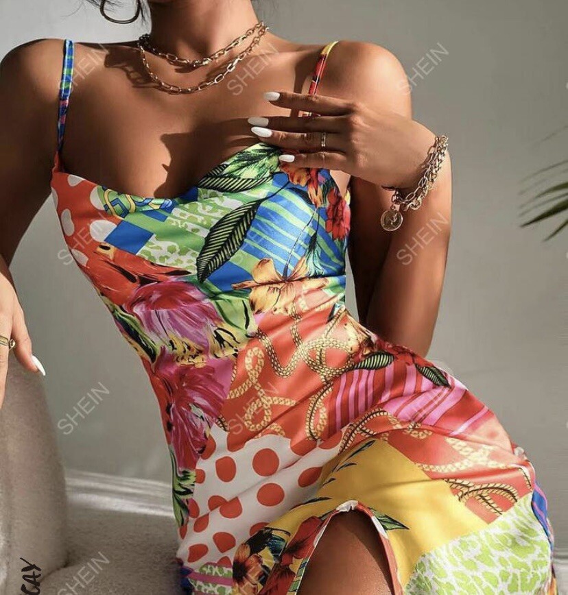SHEIN VCAY Random Patchwork Print Split Hem Cami Dress