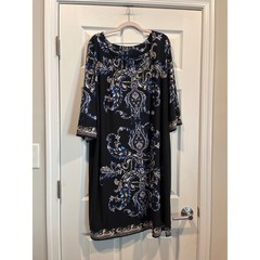 Roz & Ali Womens Black Paisley Border Print 3/4 Sleeve Shift Dress Plus Size