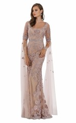 David&rsquo;s Bridal Beige Floral Lace Embroidered Long Gown 3/4 Sleeve Size 10