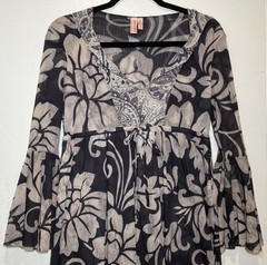 Sweet Pea by Stacy Frati Babydoll Mini Dress Sz L Floral Mesh Bell Sleeve Fairy