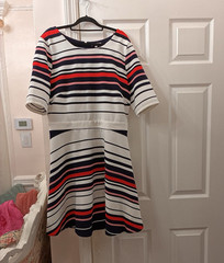 Pleione White Black Red Striped Knit A-Line Dress L Round Neck Short Sleeve