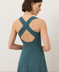 PACT Organic Fit & Flare Open Back Maxi Dress Ditsy Dot Floral Deep Aqua