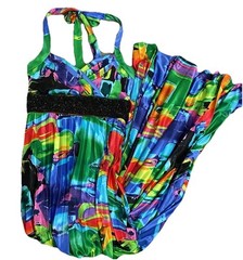 My Michelle S Colorful Pleated Satin Look Maxi Dress Beaded Empire Halter Gown