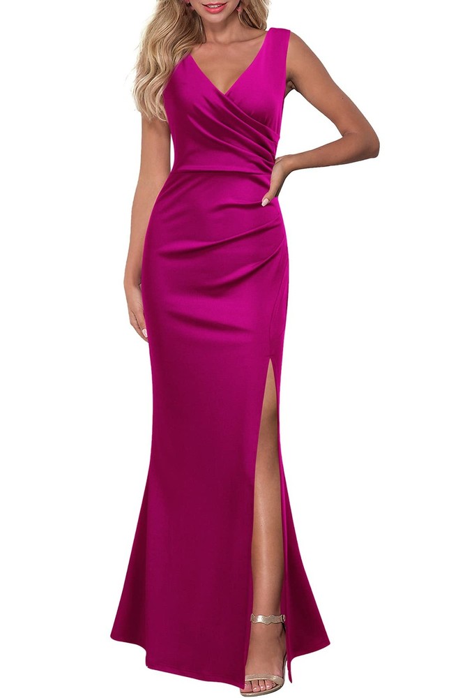 WOOSEA Women Sleeveless V Neck Split Maxi Dress Medium Magenta Slim Fit