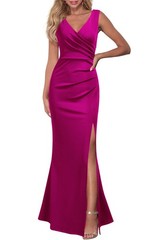 WOOSEA Women Sleeveless V Neck Split Maxi Dress Medium Magenta Slim Fit