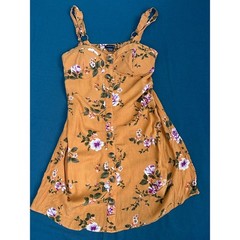 American Eagle Floral Button Front Mini Dress Mustard Yellow XS Smocked Back