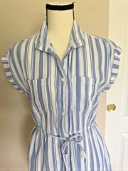 Japna Shirt Dress Blue White Striped Hight Low Button Tie Size M Cotton Blend