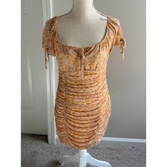 No Comment Yellow Floral Print Ruched Bodycon Mini Dress Size XL