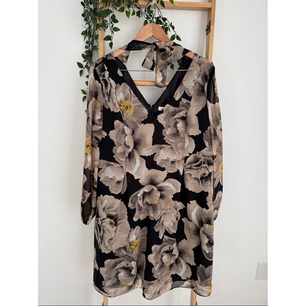 Nine West Plus Black/ Cream Midi Tie-Back Chiffon Dress Lagenlook Floral Sz 16