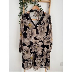 Nine West Plus Black/ Cream Midi Tie-Back Chiffon Dress Lagenlook Floral Sz 16