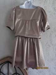 Vertigo Paris nwt L mocha metallic satin peasant dress ties waist puff sleeves