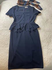 Alivire Blue Solid Sheath Peplum Midi Dress, Short Sleeve, Zip, Button