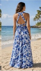 Abel The Label Anthropologie Rumi Halter Maxi Dress Blue White Open Back Small