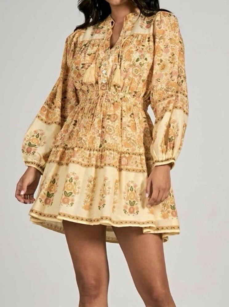 Elan Cotton M Ivory Floral Boho Mini Dress V-Neck Long Balloon Sleeve Tassel Tie