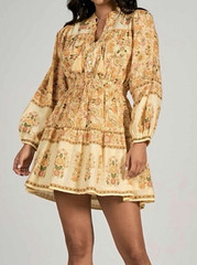 Elan Cotton M Ivory Floral Boho Mini Dress V-Neck Long Balloon Sleeve Tassel Tie