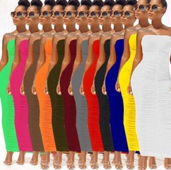 Women&rsquo;s Sexy Ruched Tight Strapless Sleeveless Bodycon Tube Maxi Long Club Dress