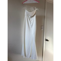 White feather trim strapless petite medium mermaid dress with slit split leg