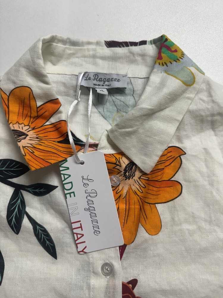 La Ragarre Midi Dress Size XL Made In Italy Linen/Cotton Blend Floral NWT