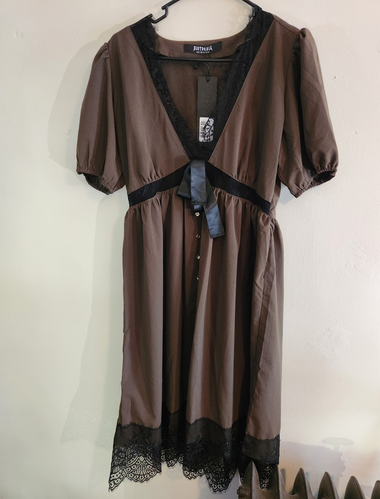 Disturbia Olive Green/Black Lace Trim Goth V-Neck Puff Sleeve Midi Dress US 8