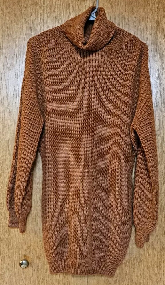 HERA Collection Camel Brown Knit Balloon Turtleneck Sweater Dress Women&rsquo;s Size S