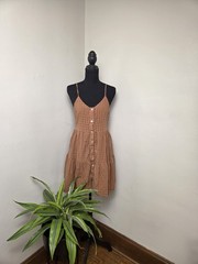 Boho Womens Ginger Color Textured Baby Doll Mini Dress Adjustable Straps Size S